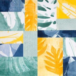 Blue and orange abstract botanical collage art print